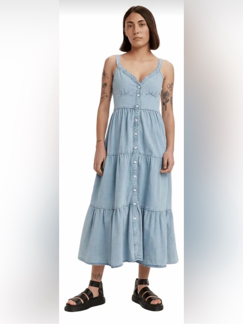 Levi’s Sabine denim chambray tiered prairie dress midi button up M